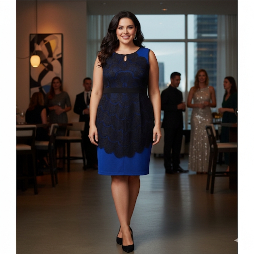 Ricki's Sz 16 Elegant Blue and Black Lace Midi Dress